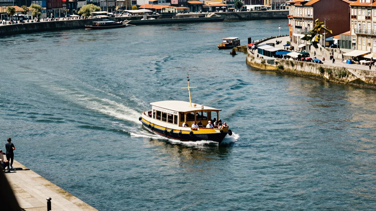 Sunlit Porto Riverfront with Water Taxi Crossing Douro Estuary in in Porto, Portugal