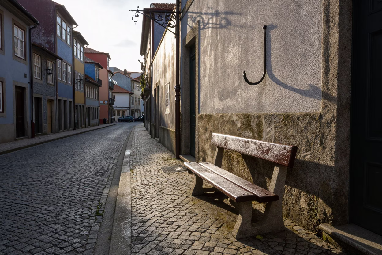 Sunlit Porto Street Corner with Condensation on Bench and Iron Hook Details in in Porto, Portugal