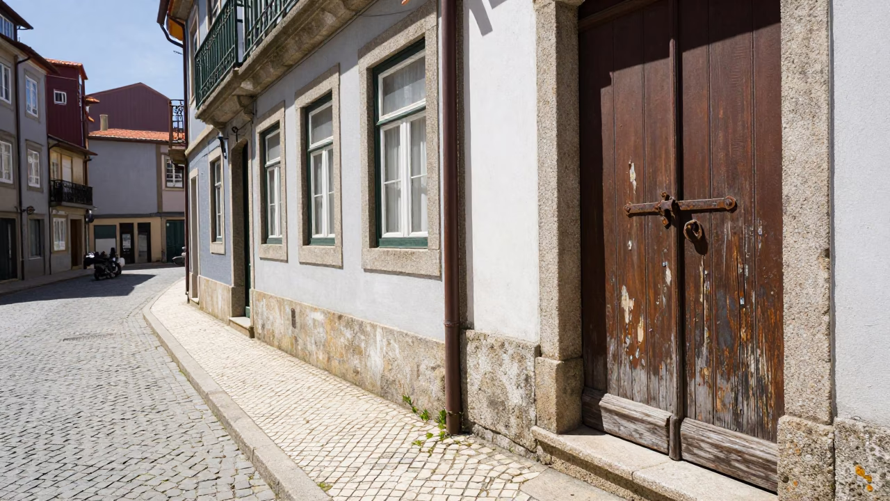 Sunlit Porto Street Corner with Stone Architecture and Lived-In Details in in Porto, Portugal