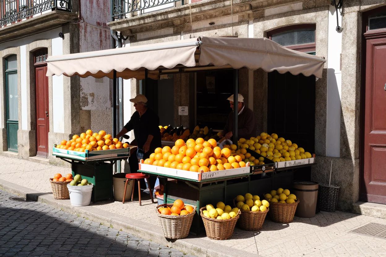 Sunlit Porto Street Corner with Vintage Fruit Stall and Local Commerce in in Porto, Portugal