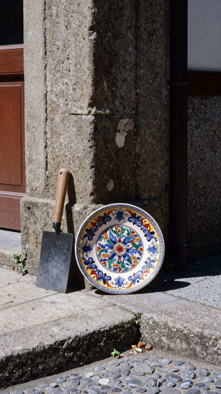Sunlit Porto Street Corner with Vintage Majolica Plate and Boot Scraper in in Porto, Portugal