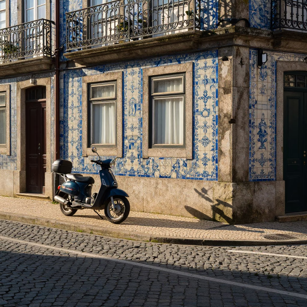 Sunlit Porto Street Corner with Vintage Motorcycle and Stone Architecture in Morning Light in in Porto, Portugal