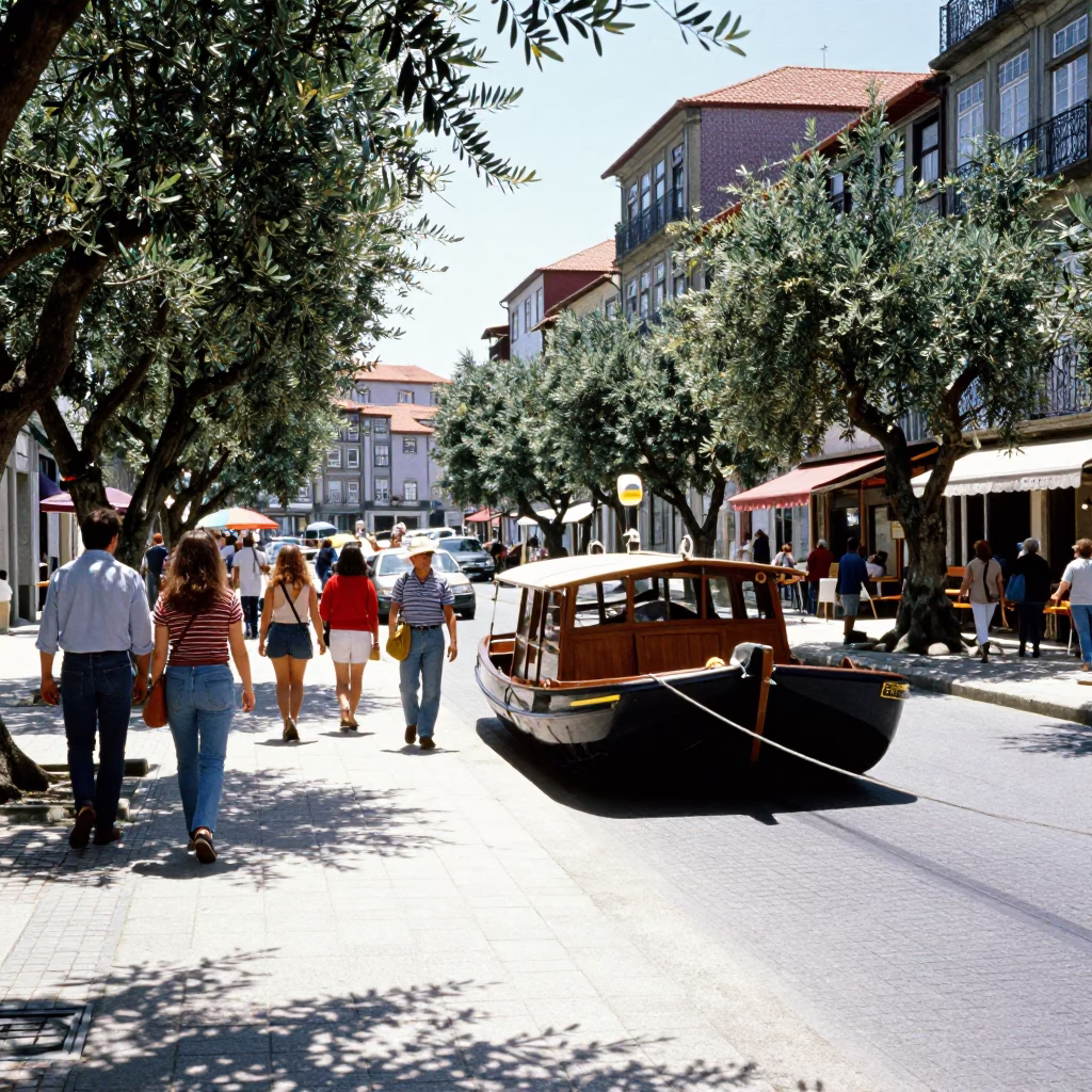 Sunlit Porto Street Scene with Catamaran and Olive Trees in in Porto, Portugal