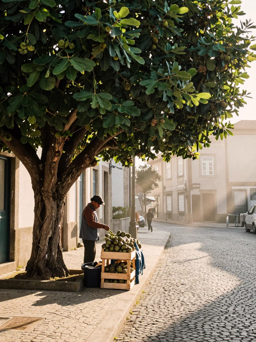 Sunlit Porto Street Scene with Fig Tree and Morning Market Activity in in Porto, Portugal