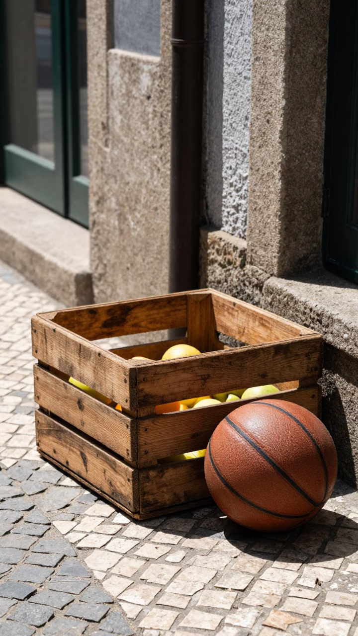 Sunlit Porto Street Scene with Fruit Crate and Leather Ball in in Porto, Portugal