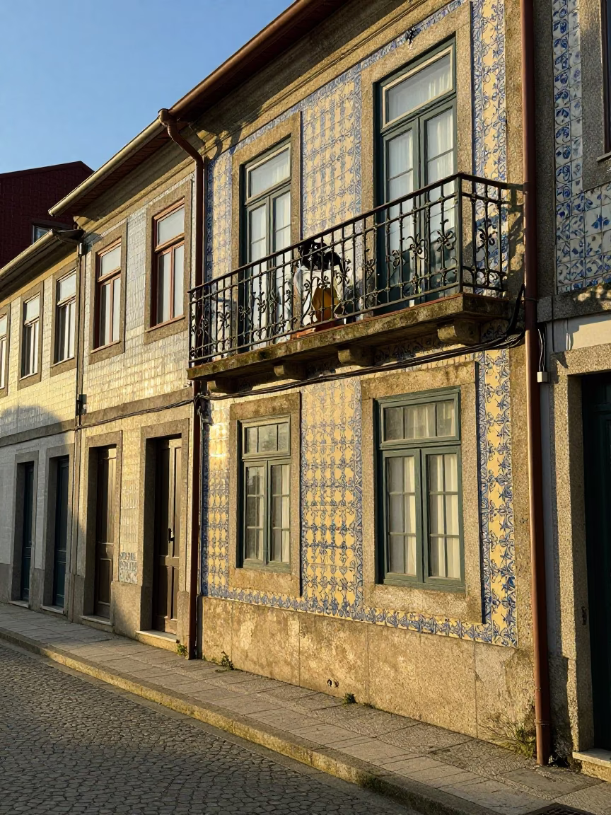 Sunlit Porto Street Scene with Glass Jar and Safety Razor on Balcony in in Porto, Portugal