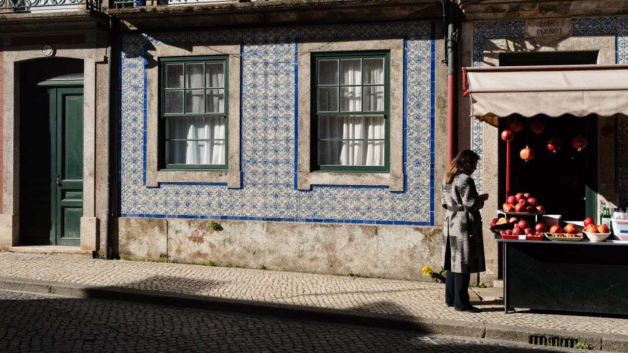 Sunlit Porto Street Scene with Pomegranate and Condensation Detail in High Fashion Candid Shot in in Porto, Portugal