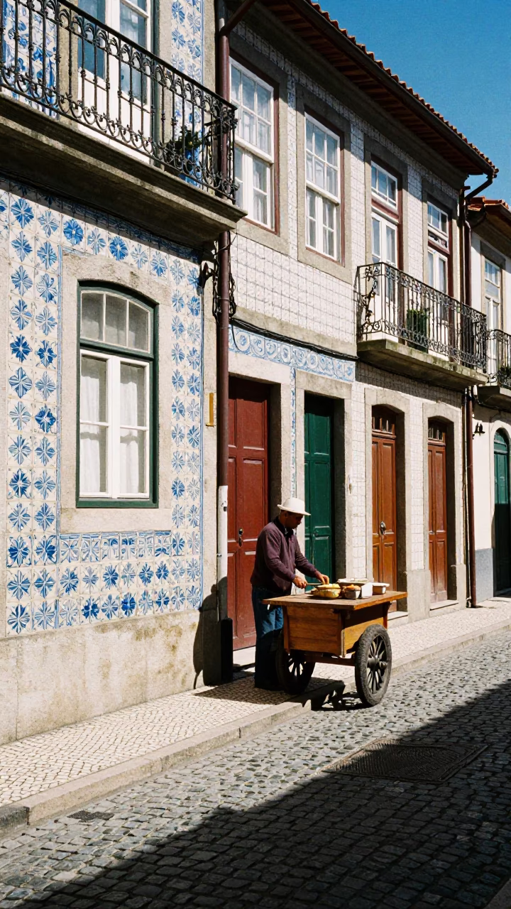 Sunlit Porto Street Scene with Traditional Azulejo Tiles and Local Vendor in in Porto, Portugal