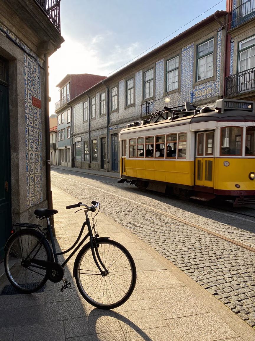 Sunlit Porto Street Scene with Vintage Bicycle and Tram Passing Art Nouveau Building in in Porto, Portugal