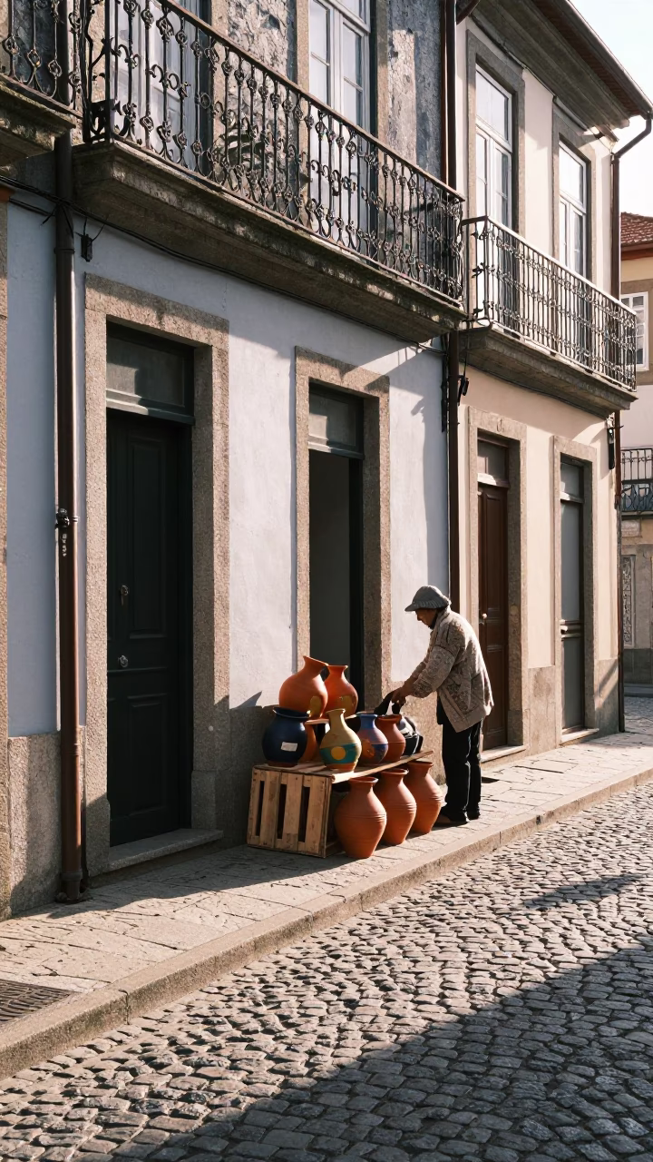 Sunlit Porto Street Scene with Vintage Cardigans and Clay Pottery at Dawn in in Porto, Portugal