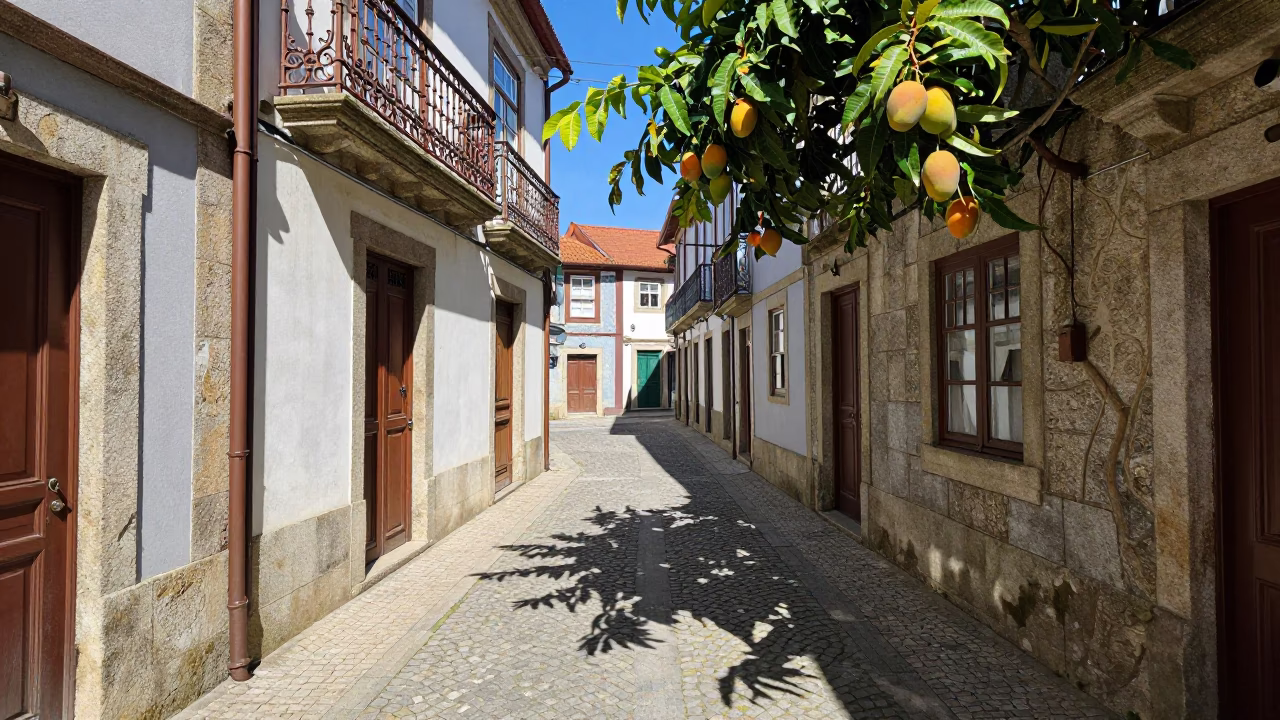 Sunlit Porto Street Scene with Wicker Shadow and Mangoes on Balcony in in Porto, Portugal