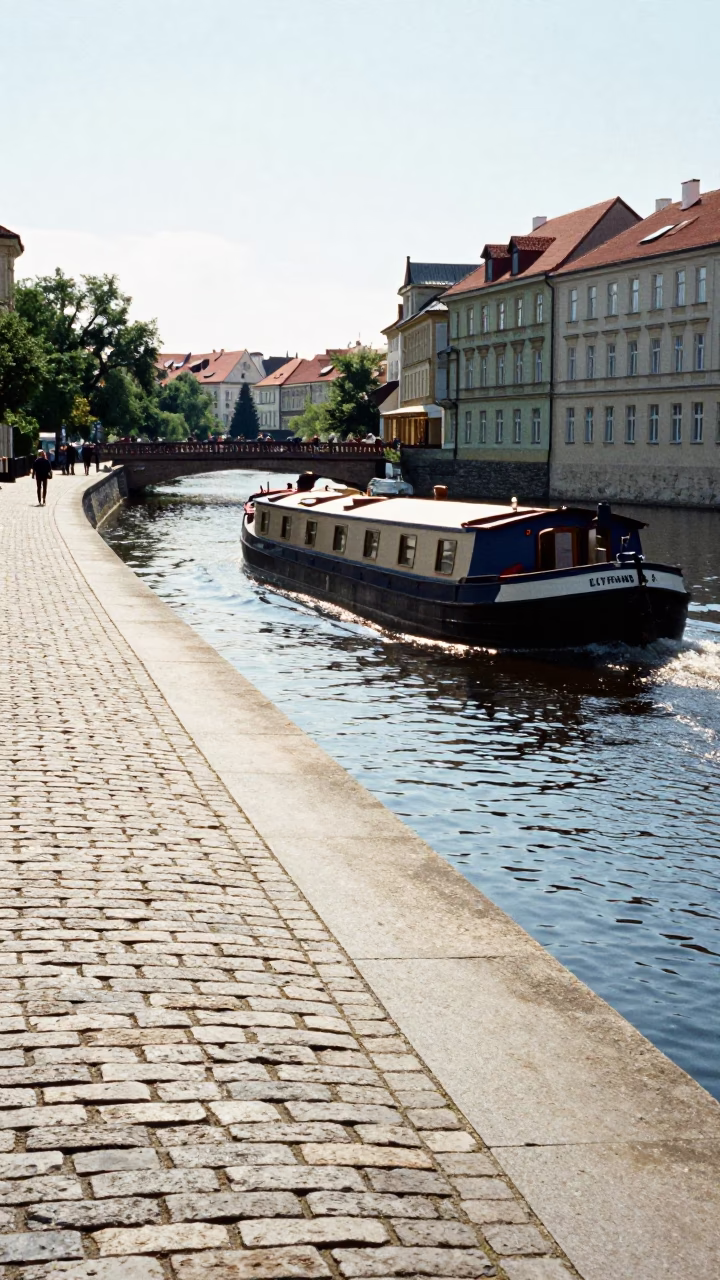 Sunlit Prague Street Scene with Canal Barge and Daily Life in in Prague, Czech Republic
