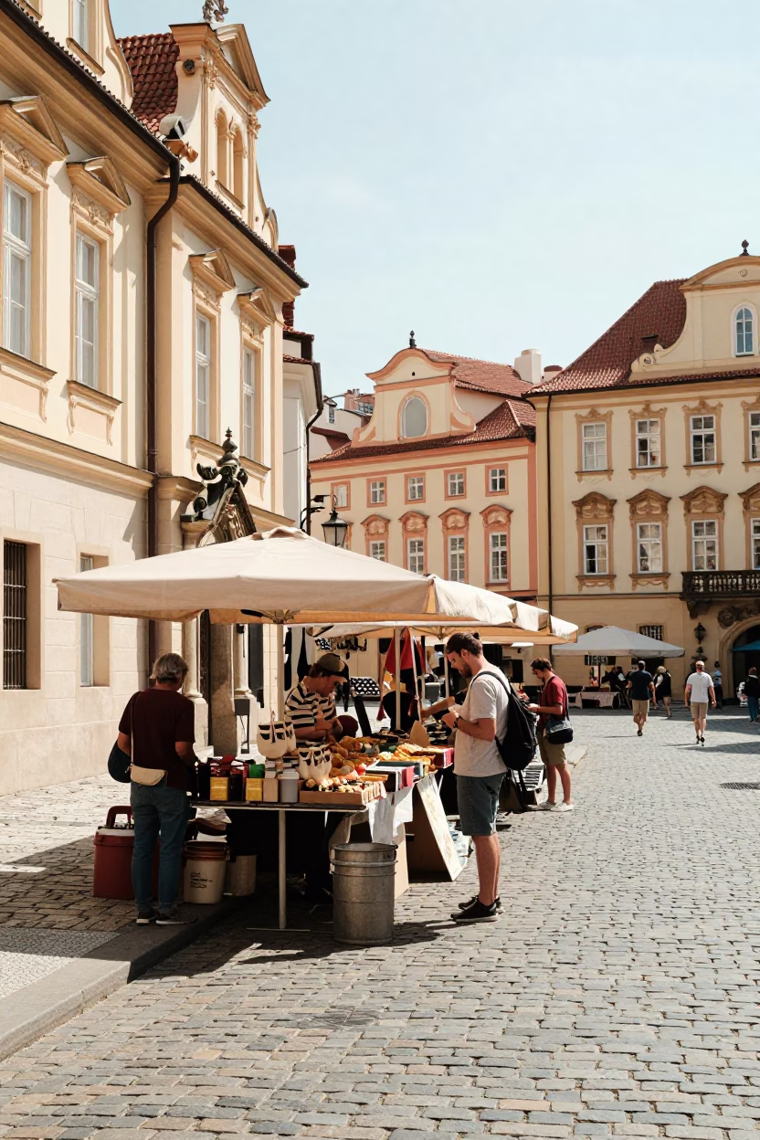 Sunlit Prague Street Scene with Local Market Goods and Casual Pedestrians in in Prague, Czech Republic