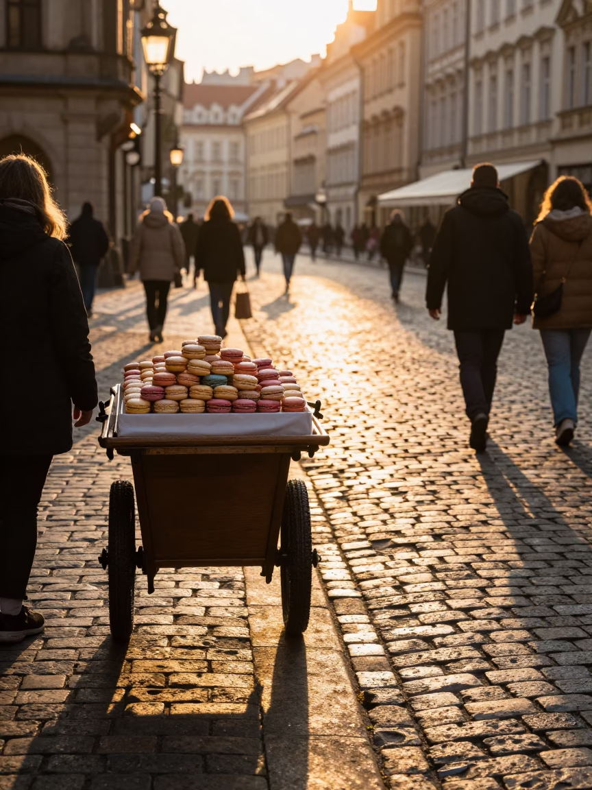 Sunlit Prague Street Scene with Macarons and Morning Dew at Dawn in in Prague, Czech Republic