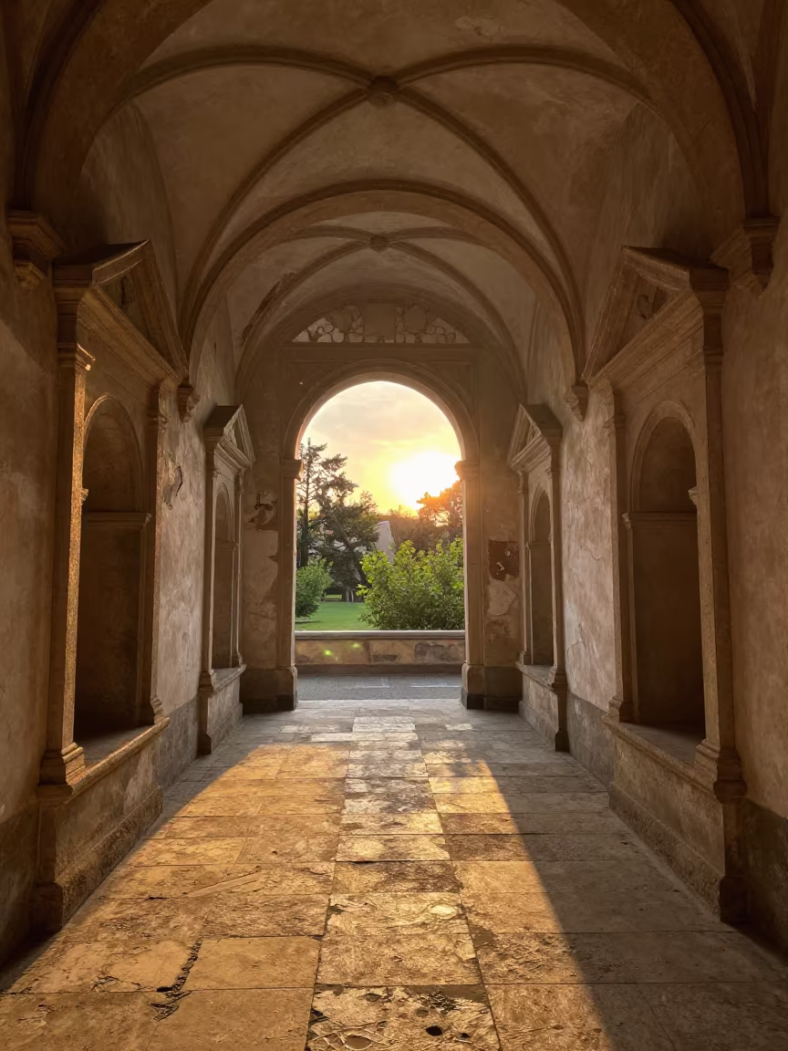 Sunlit Prayer Niches in Prague Cloister Ruin in inside a quiet cloister passage in Prague