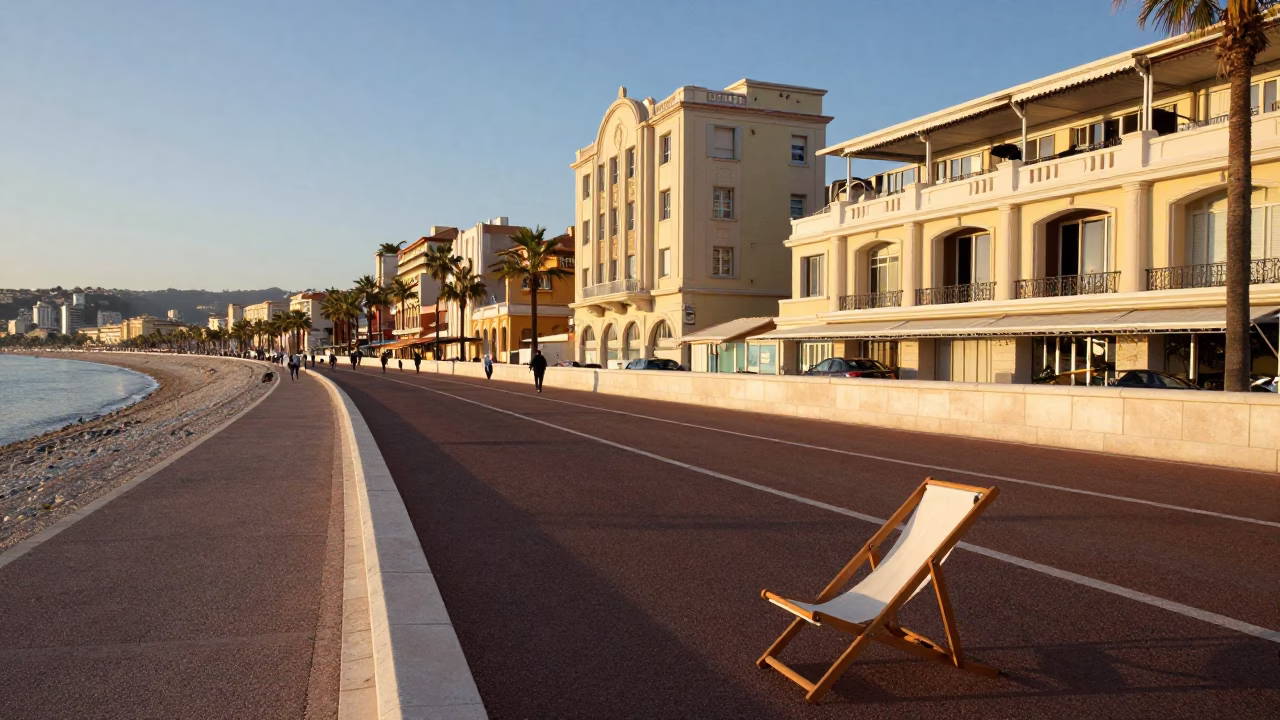Sunlit Promenade des Anglais in Nice France with Linen Fringe Detail in in Nice, France