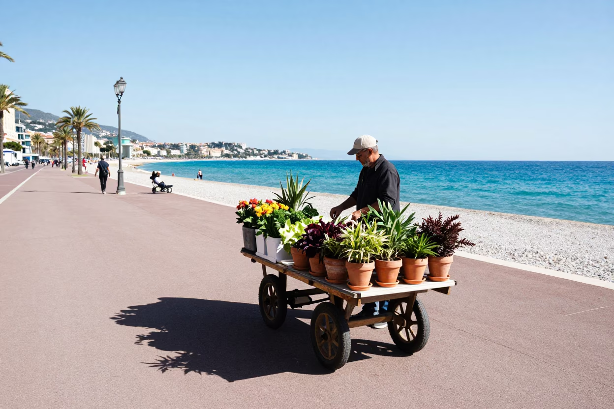 Sunlit Promenade des Anglais street vendor selling fresh flowerpots in Nice France in in Nice, France