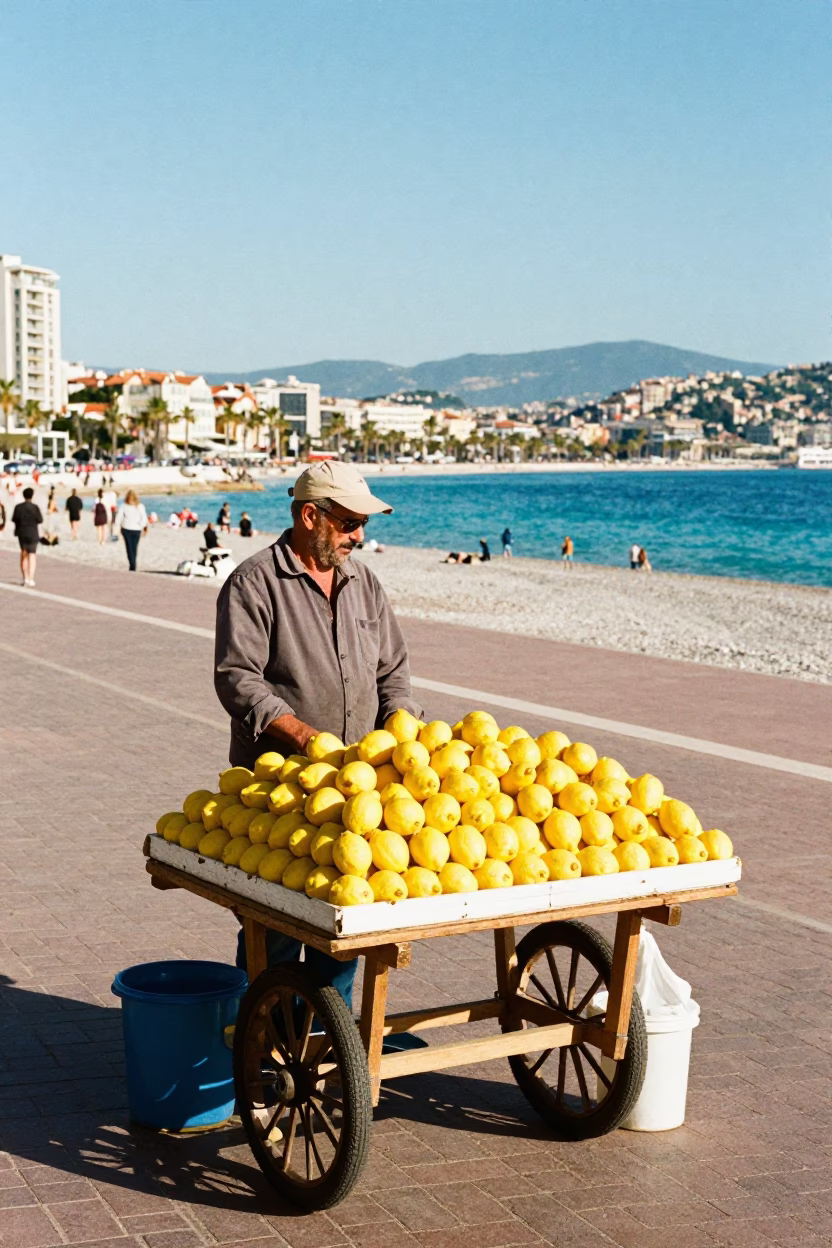 Sunlit Promenade Des Anglais Street Vendor With Colorful Fruit Stall in in Nice, France