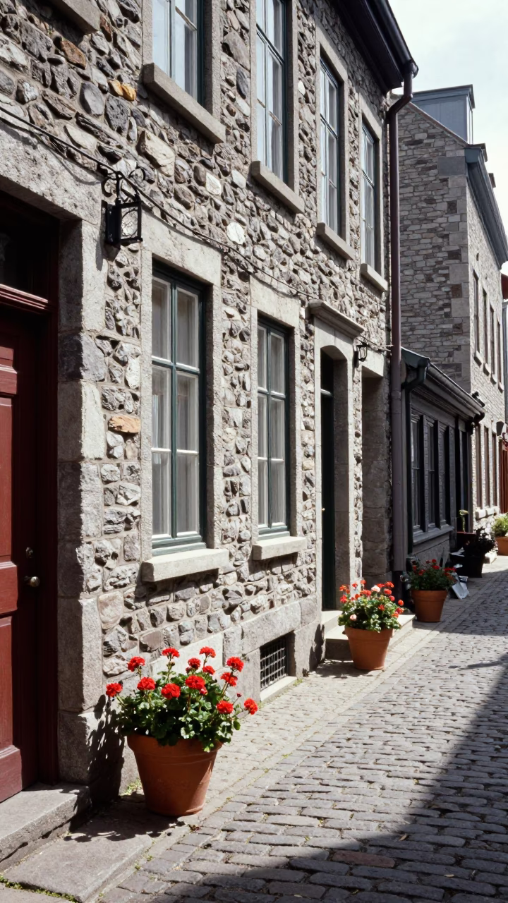 Sunlit Quebec City Street Scene with Potted Geraniums on Historic Stone Balcony at Noon in in Quebec City, Quebec, Canada