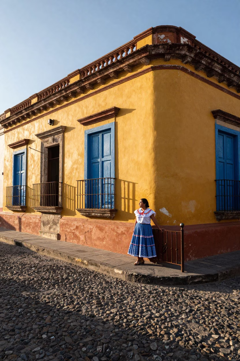 Sunlit Quito Street Corner with Mops and Stair Rail in Ecuador in in Quito, Ecuador