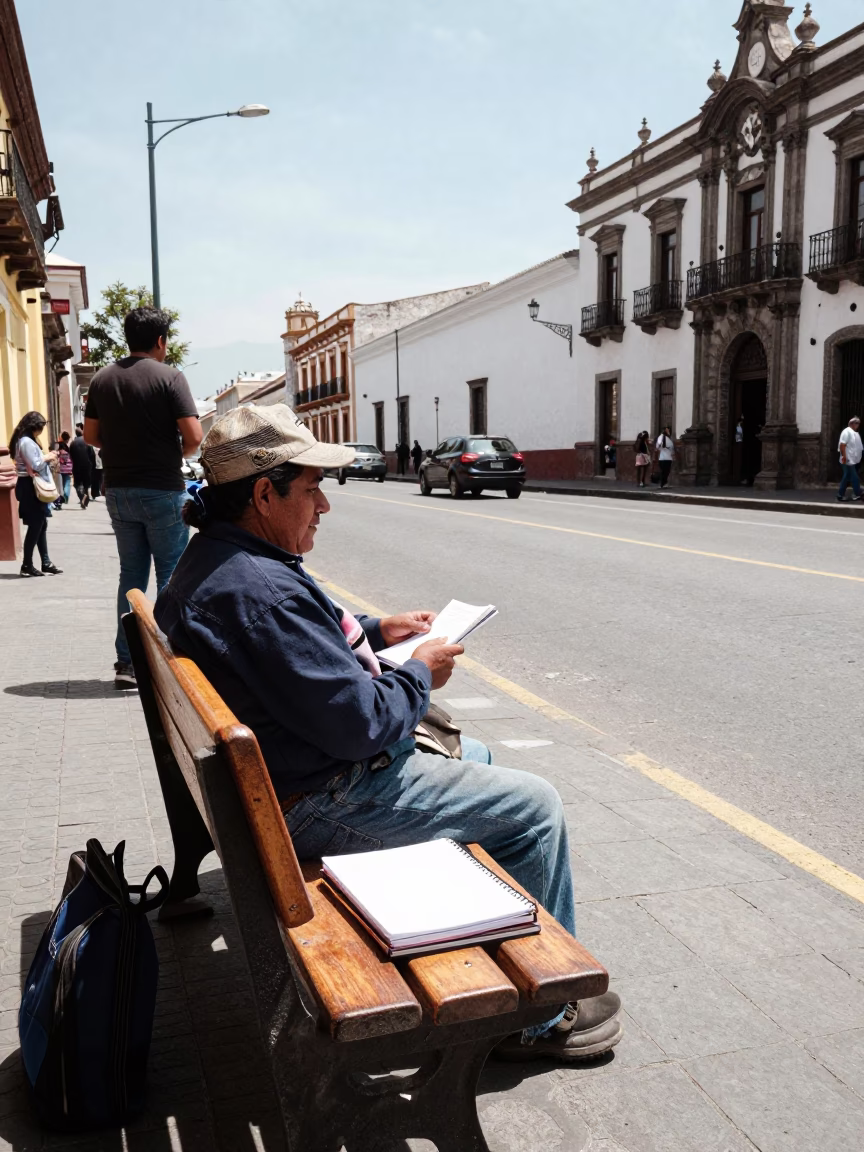 Sunlit Quito Street Scene with Notebook and Local Vendor Interaction in in Quito, Ecuador
