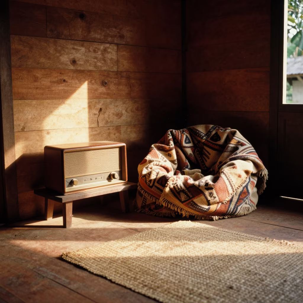 Sunlit Radio Nook Wrapped in Blanket Timber Cabin in in a sunlit living room in Srivijayapuram
