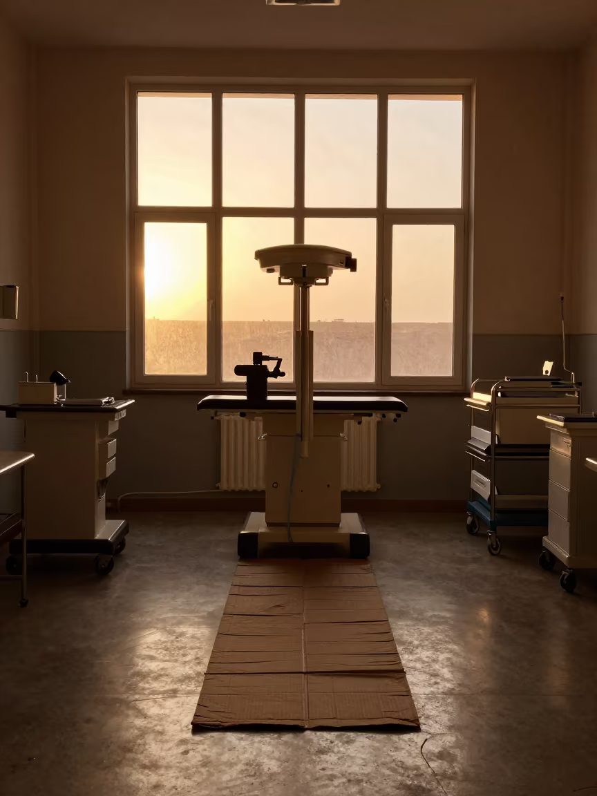 Sunlit Radiology Room Floor with Medical Supplies in inside a radiology imaging room in Bouskoura
