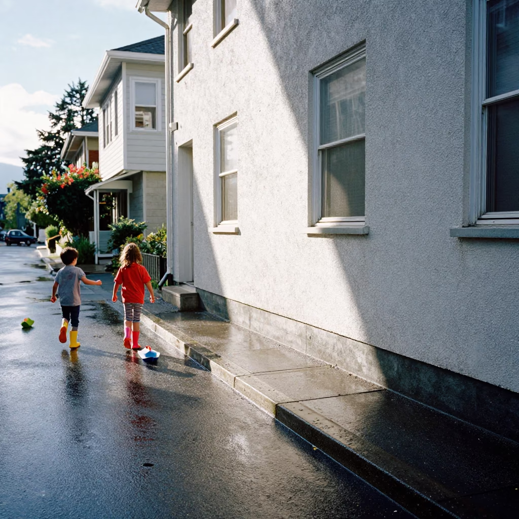Sunlit Rain Gutters in Vancouver British Columbia with Children Racing Paper Boats in in Vancouver, British Columbia, Canada