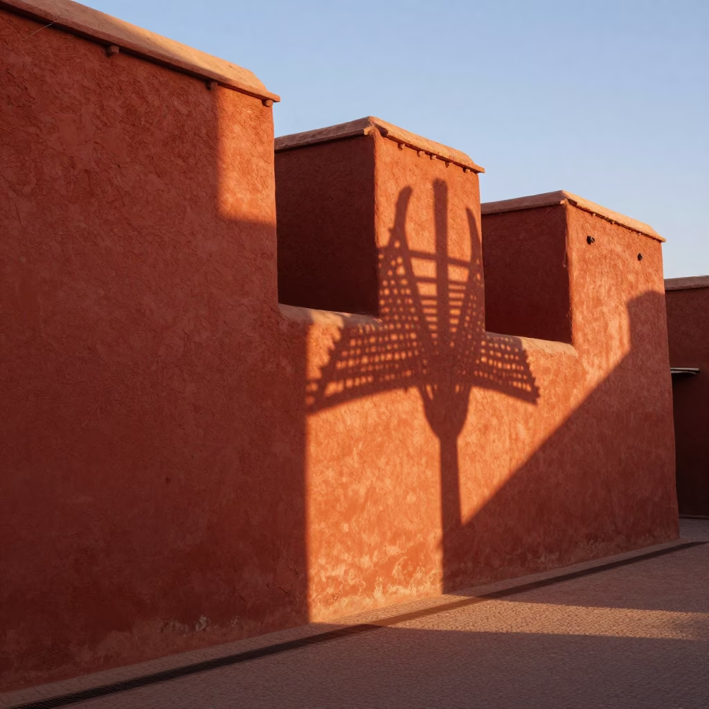 Sunlit Red Clay Walls and Wicker Shadow on Drain in Marrakech Morocco Morning in in Marrakech, Morocco