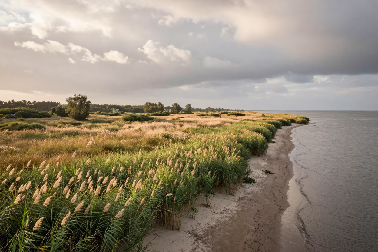 Sunlit Reed Marsh Dawn Shoreline Hama in along a wave-cut shoreline near Hama
