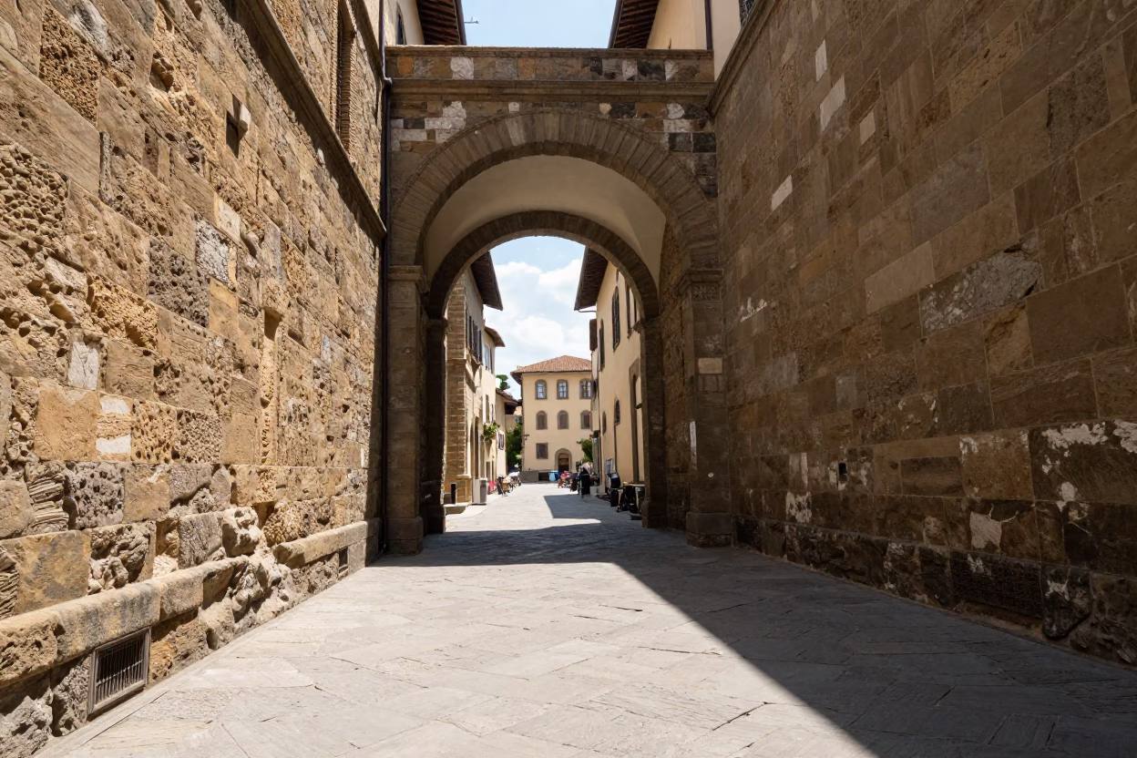 Sunlit Renaissance Archway and Stone Paving in Florence Italy Midday in in Florence, Italy