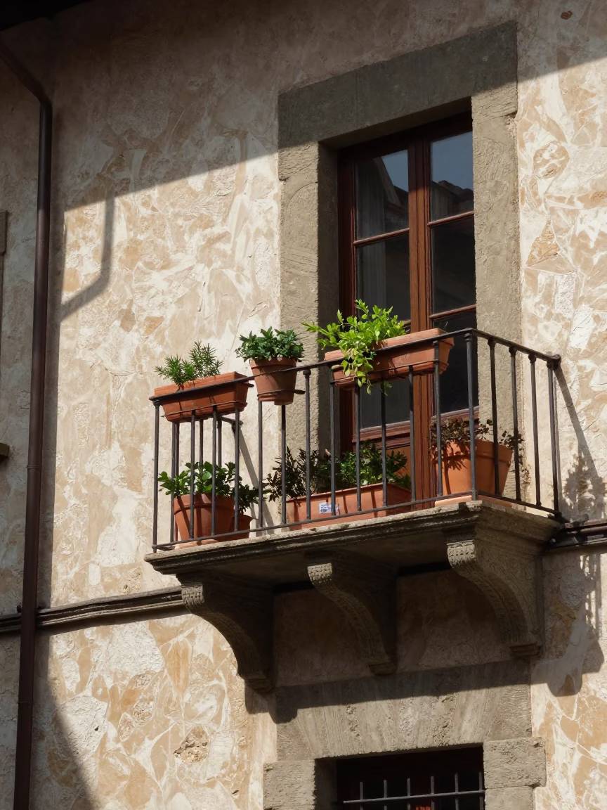 Sunlit Renaissance Courtyard with Stone Balconies and Potted Plants in Florence Italy in in Florence, Italy