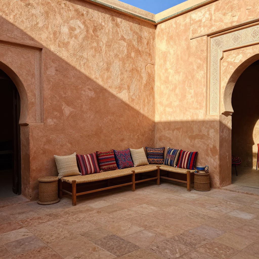 Sunlit Riad Courtyard with Woven Pillows and Stone Bench in Marrakech in in Marrakech, Morocco