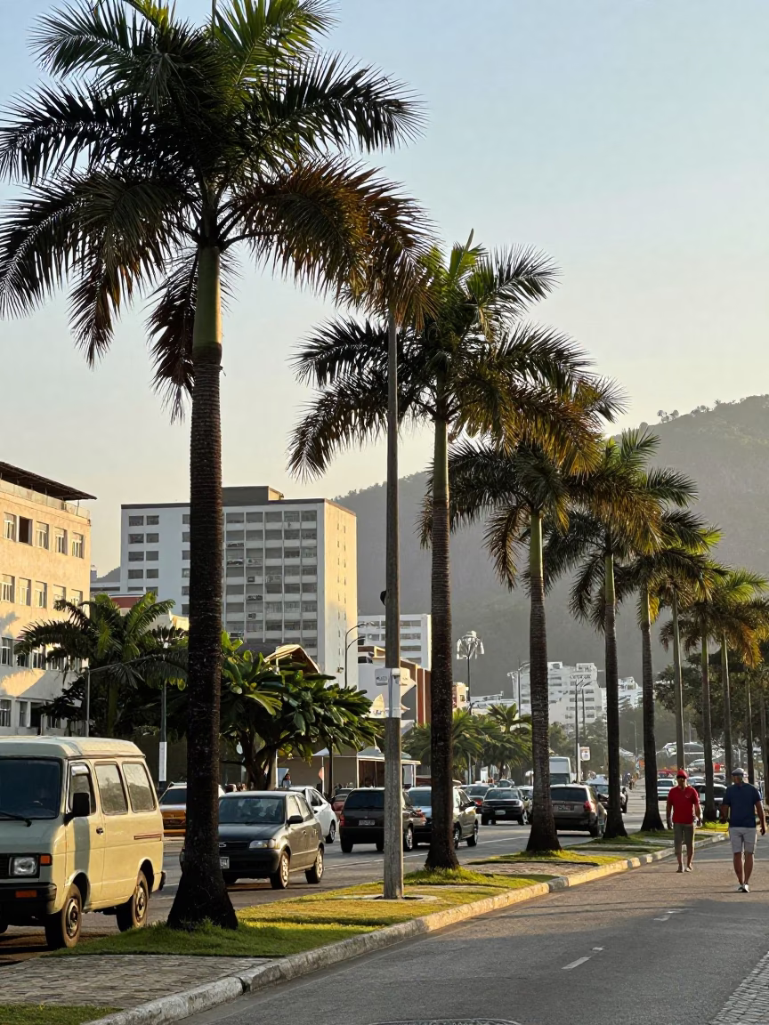 Sunlit Rio de Janeiro Street Scene with Palm Trees and Vintage Motorcycle in in Rio de Janeiro, Brazil