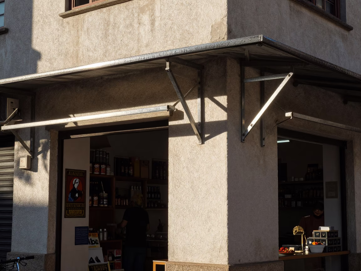 Sunlit Rio Street Corner with Condensation on Metal Shelf Bracket Holding Fresh Tomatoes in in Rio de Janeiro, Brazil