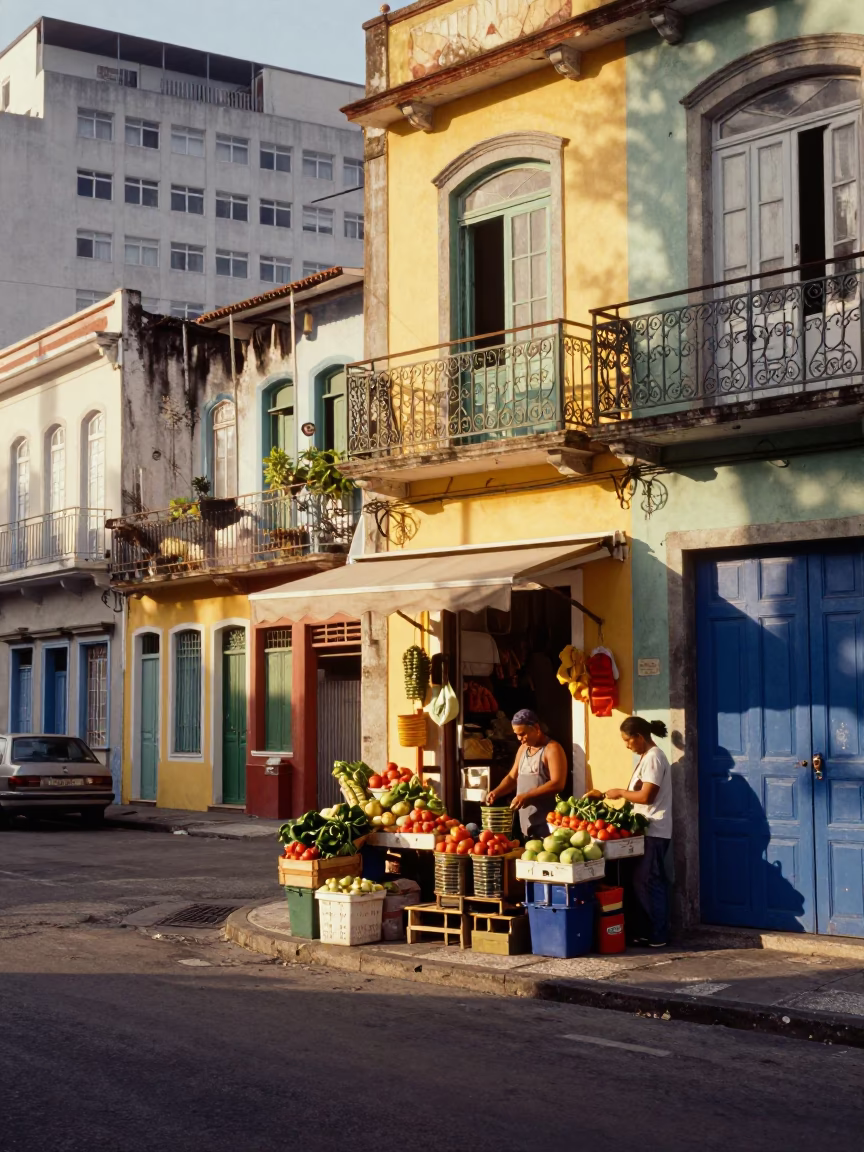 Sunlit Rio Street Scene with Vibrant Colors and Local Life in Brazil in in Rio de Janeiro, Brazil