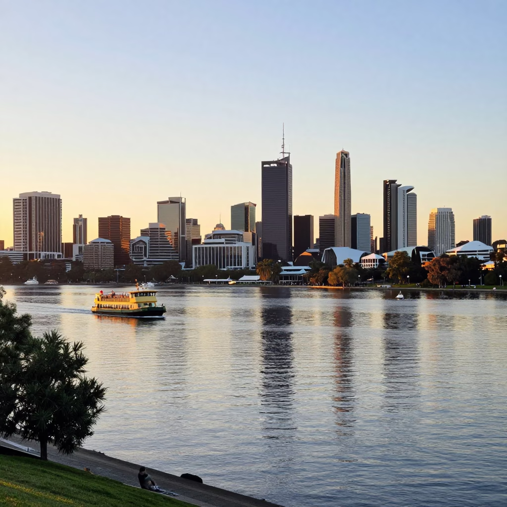 Sunlit River Scene in Perth Western Australia with Riverbus and City Skyline in in Perth, Western Australia, Australia