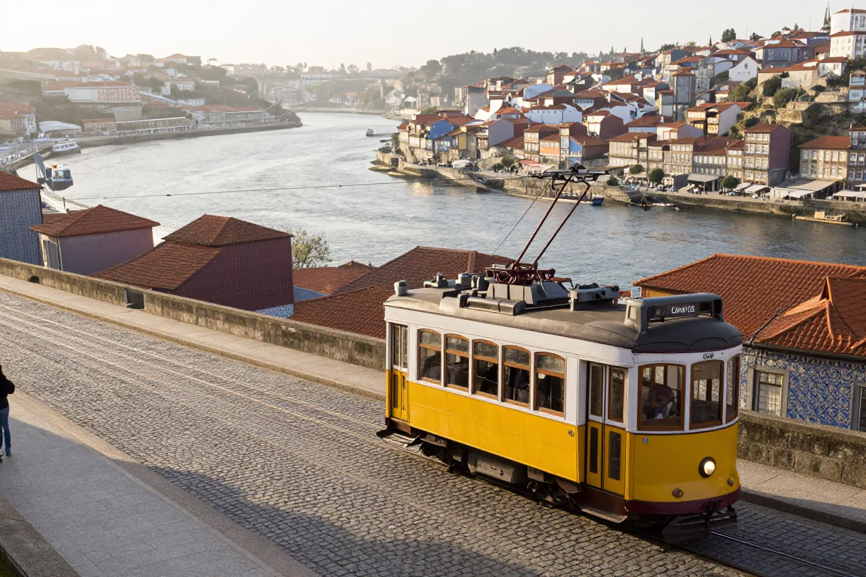 Sunlit Riverfront Scene with Tram and Traditional Azulejo Tiles in Porto Portugal in in Porto, Portugal