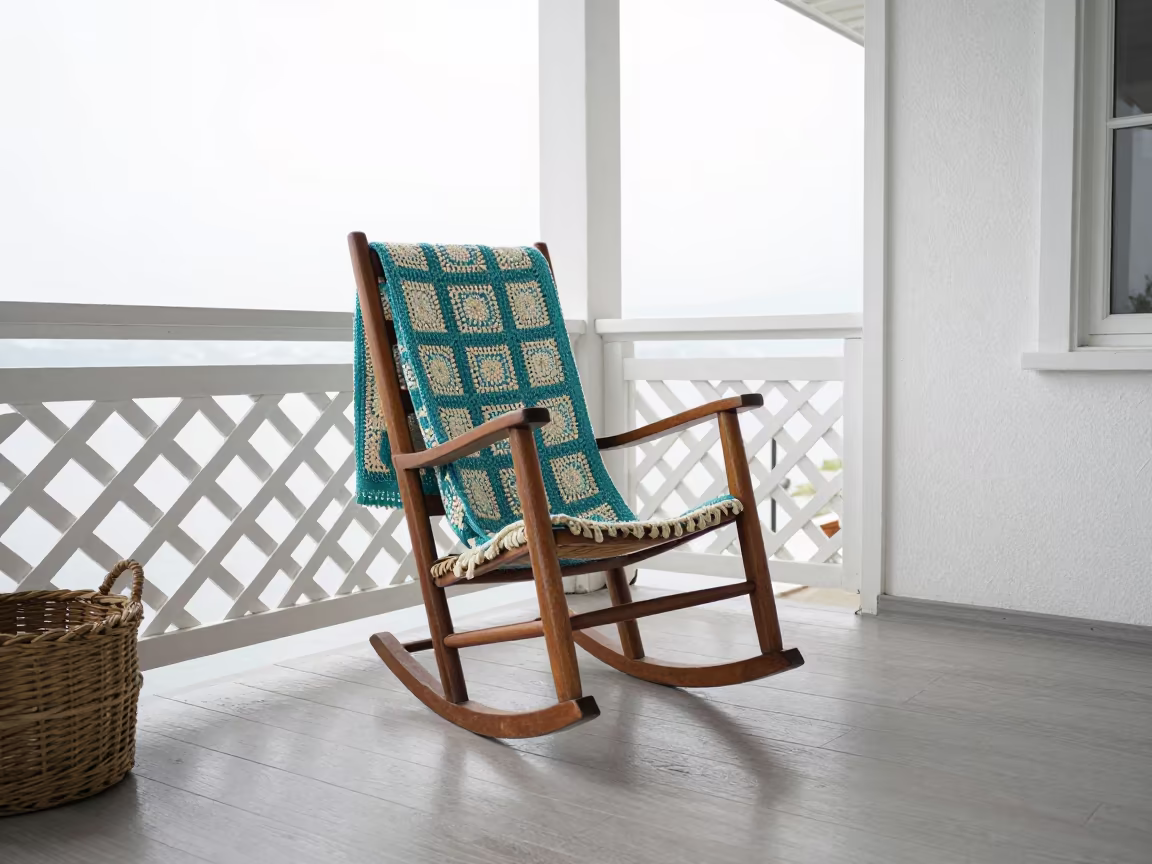 Sunlit Rocking Chair with Afghan in Yalova Porch in in a sunlit living room in Yalova