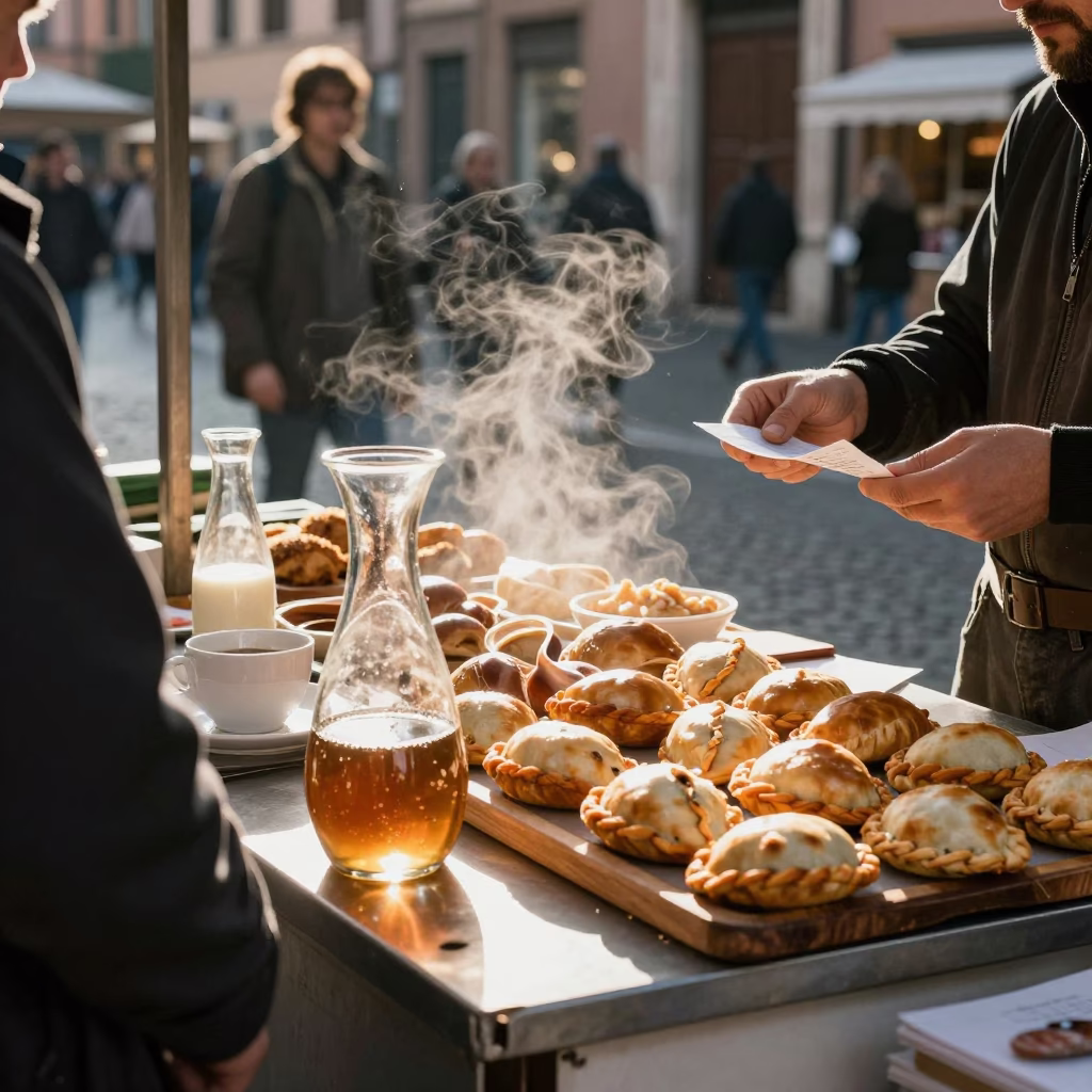 Sunlit Roman Breakfast Stall with Carafe and Empanadas on Tiled Counter in in Rome, Italy