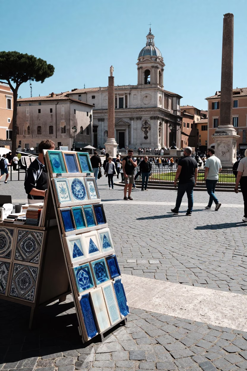 Sunlit Roman Plaza with Glazed Ceramic and Iron Gate at Midday in in Rome, Italy