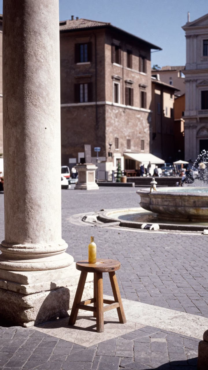 Sunlit Roman Plaza with Stool and Soap Bottle Amidst Historic Architecture in in Rome, Italy