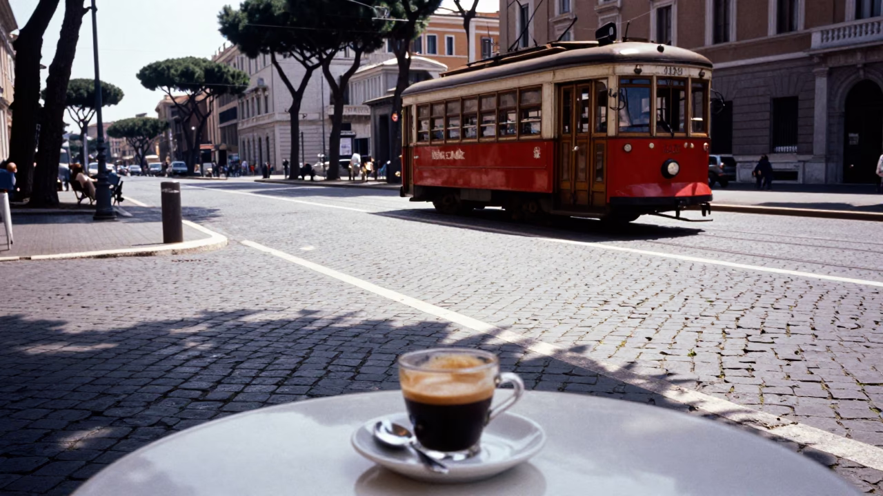 Sunlit Roman Plaza with Tramcar and Espresso Cup at Noon in in Rome, Italy
