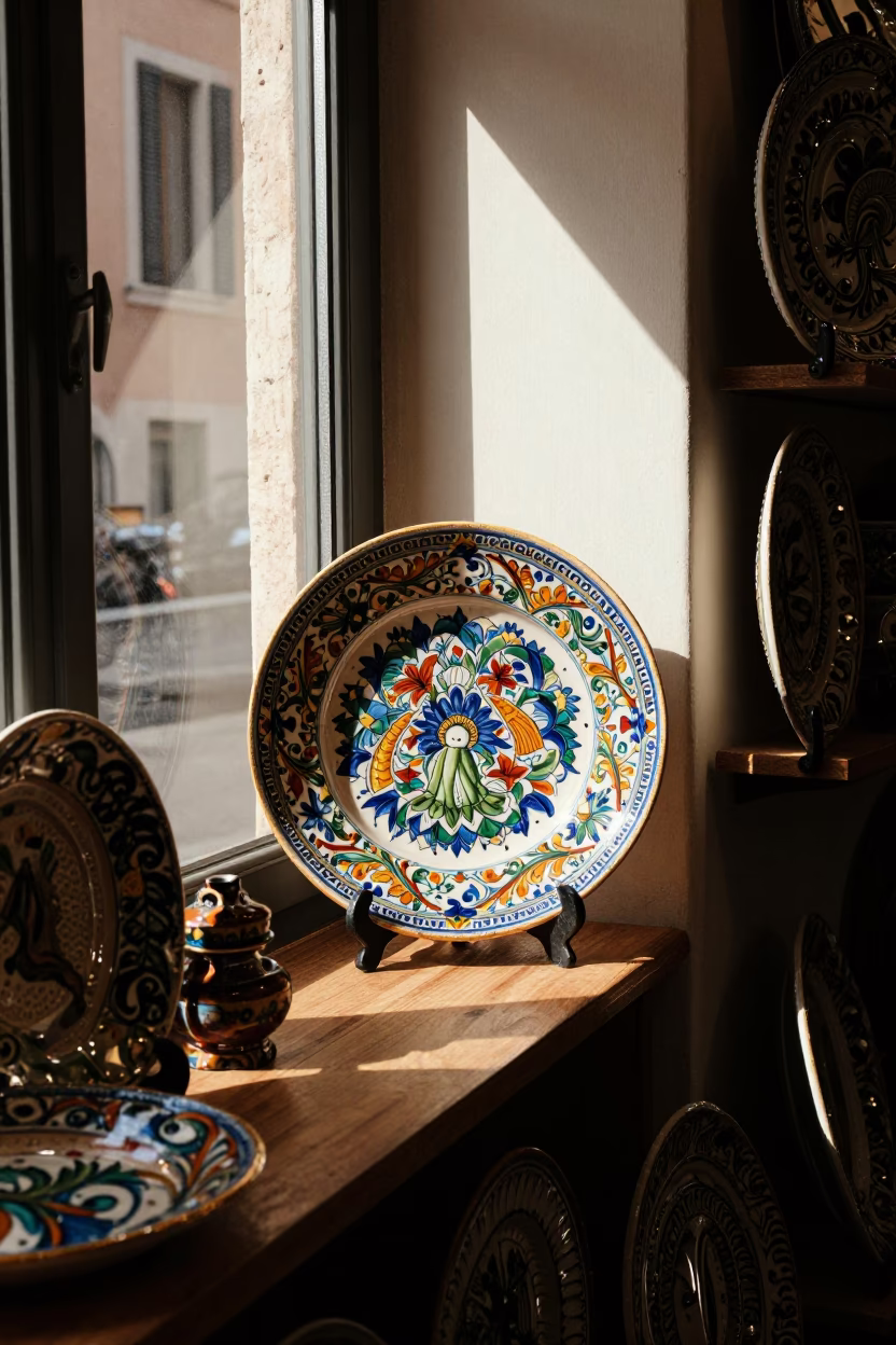 Sunlit Roman Shop Interior Featuring Vintage Majolica Plate and Rust Around Tile in in Rome, Italy