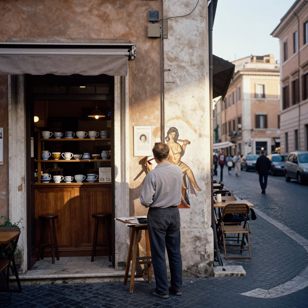 Sunlit Roman Street Corner with Artist Painting Mural and Local Coffee Shop Interior Details in in Rome, Italy