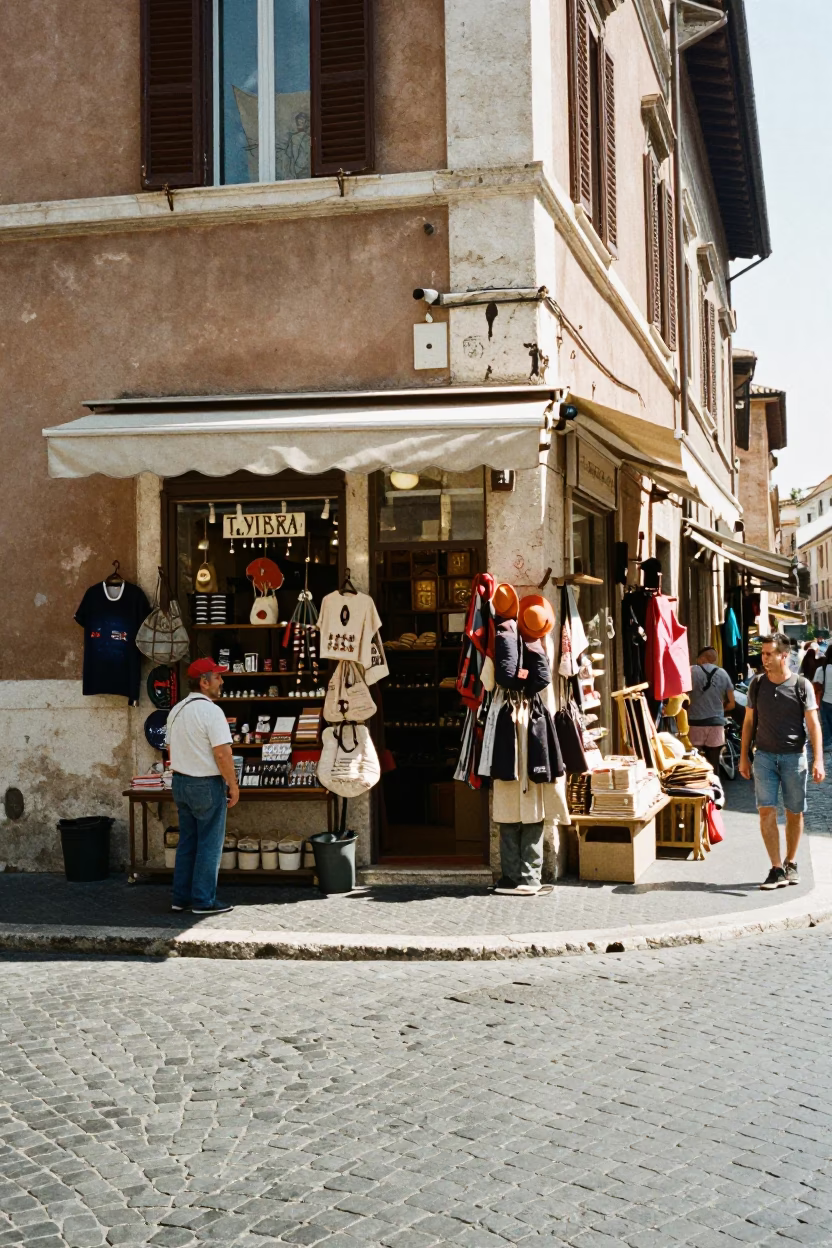 Sunlit Roman Street Corner with Local Shopkeeper and Morning Light in in Rome, Italy