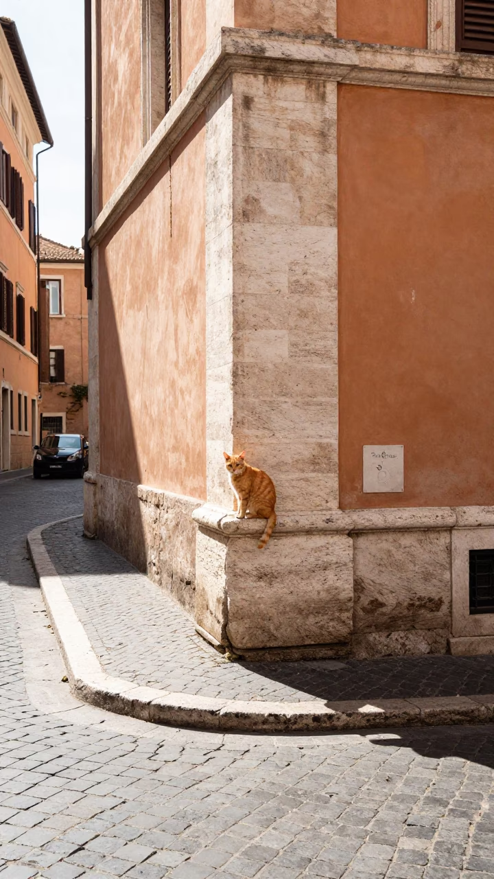 Sunlit Roman Street Corner with Orange Cat and Parked Bicycle in in Rome, Italy