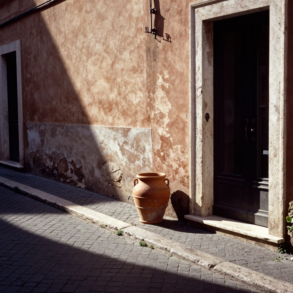 Sunlit Roman Street Corner with Terracotta Pot and Architectural Details in in Rome, Italy