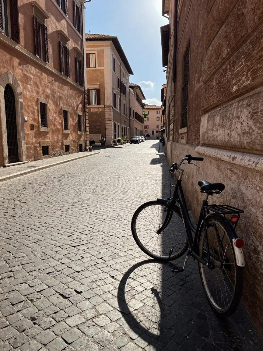 Sunlit Roman Street Scene with Bicycle and Cobblestone Architecture in in Rome, Italy