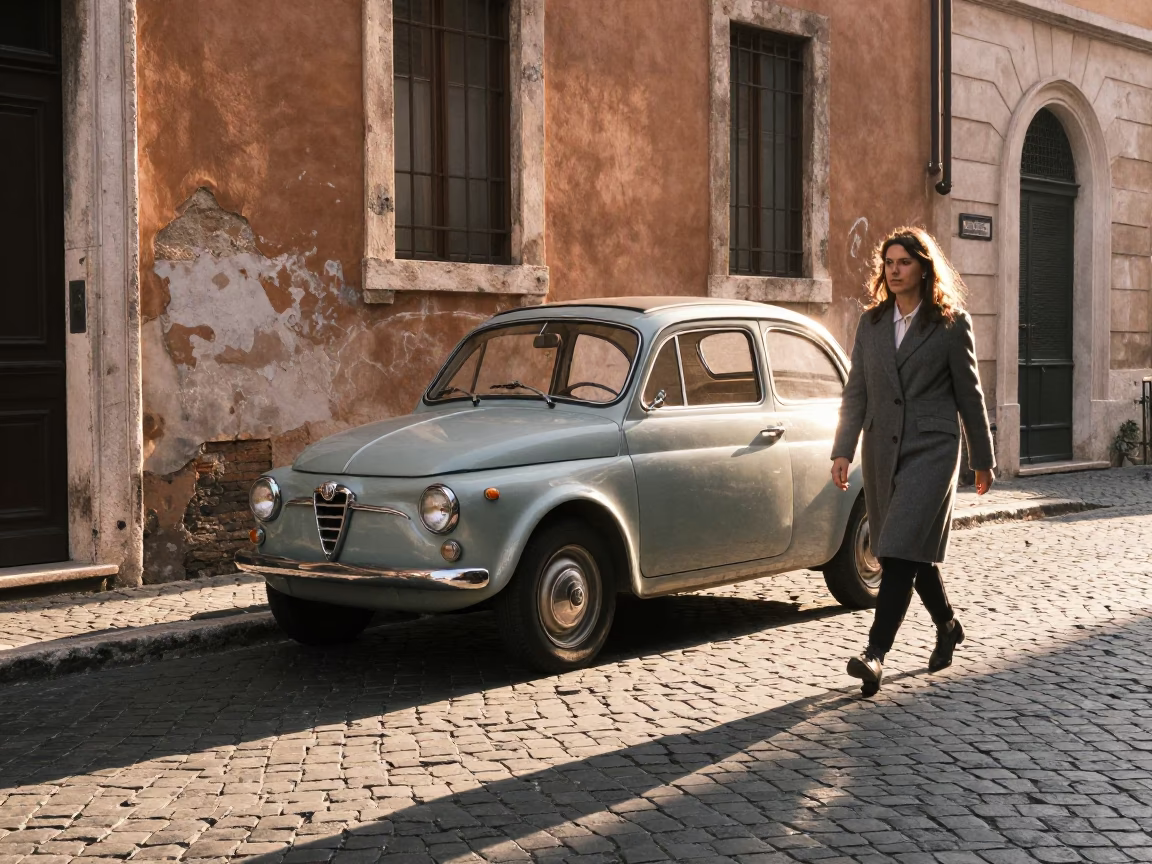 Sunlit Roman Street Scene with Vintage Car and Pedestrians in Rome Italy in in Rome, Italy